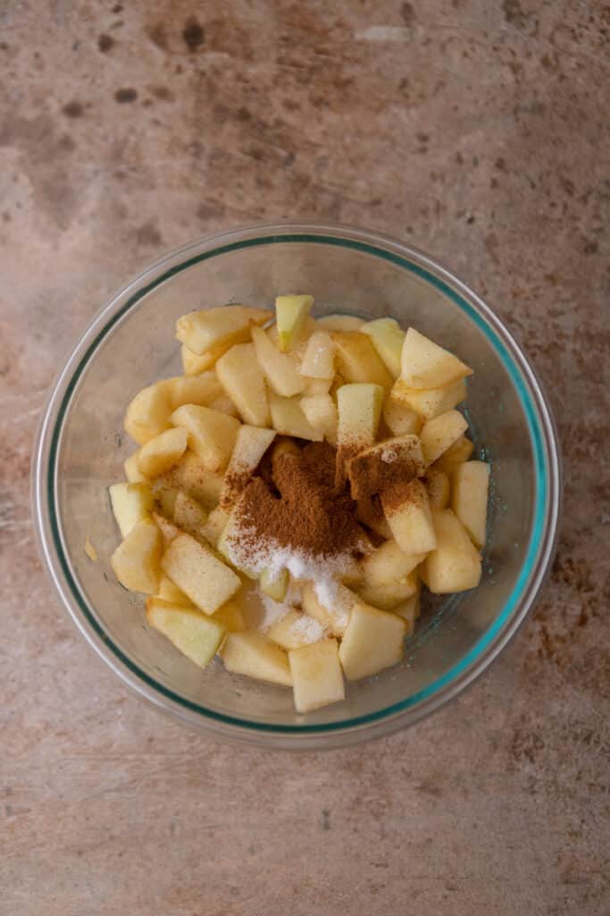 Cubed apples in a bowl with cinnamon and sugar