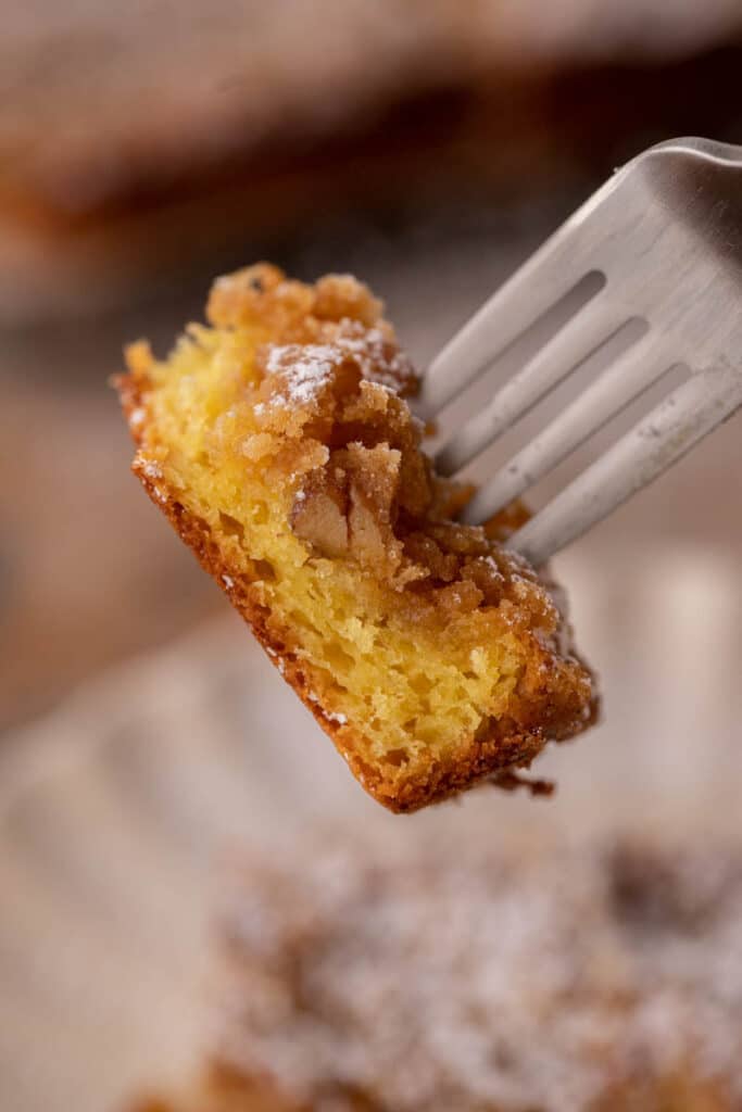 Yellow cake mix coffee cake piece on a fork