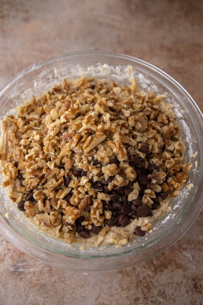 Chocolate chips & walnuts in a bowl