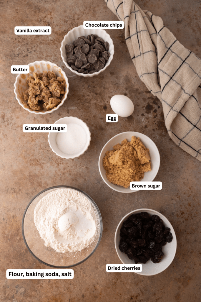 Ingredients for brown butter cherry chocolate chip cookies