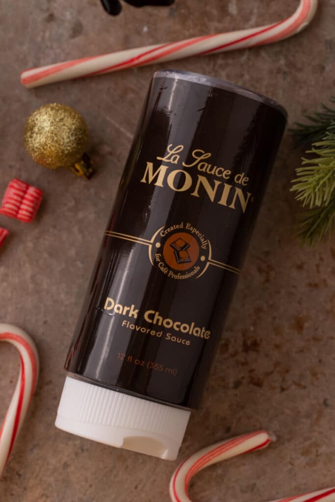 Bottle of Monin dark chocolate syrup