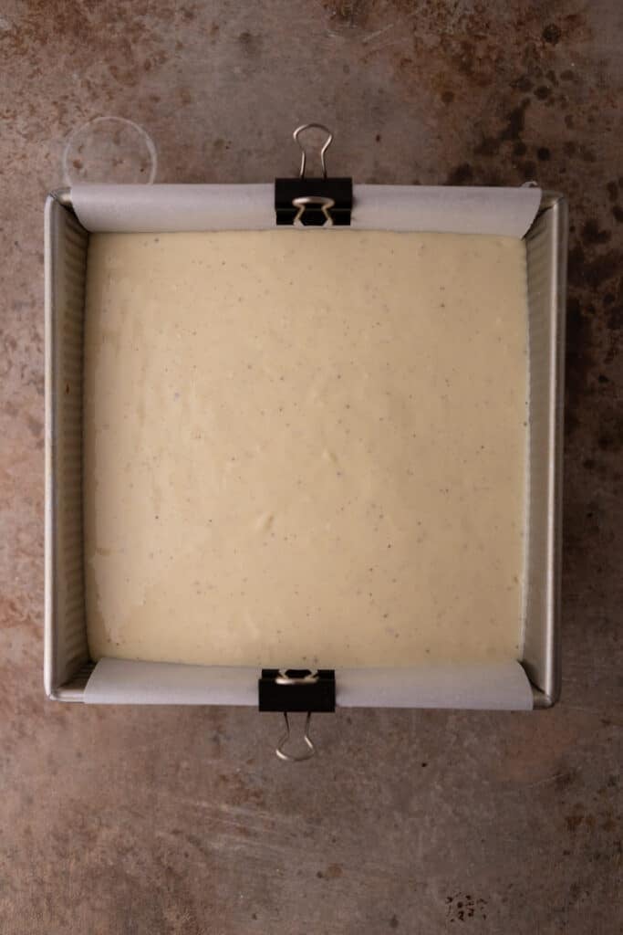 Cheesecake batter in a baking pan