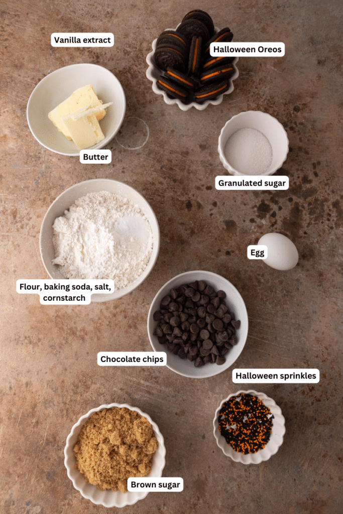 ingredients for Halloween Oreo stuffed chocolate chips cookies.