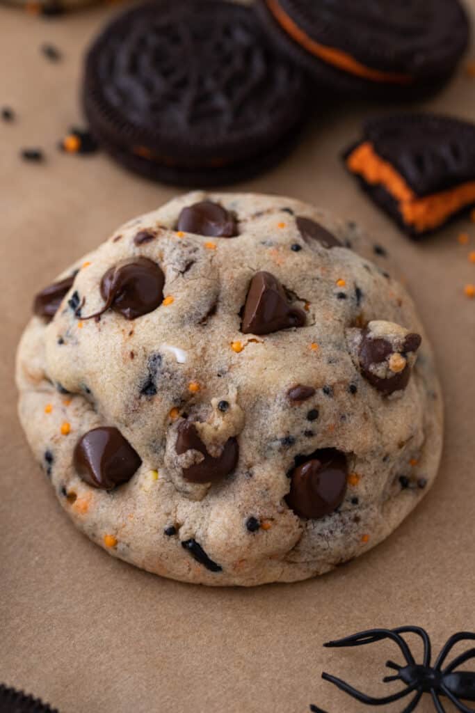 a baked Halloween Oreo stuffed chocolate chip cookie