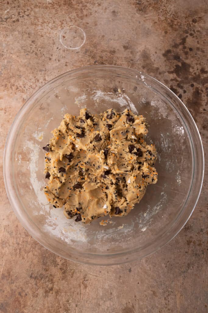 chocolate chips mixed into the batter in the bowl