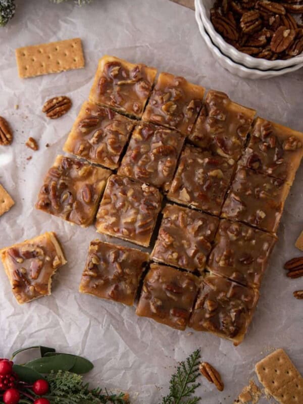 Overhead shot of pecan pie cheesecake bars recipe