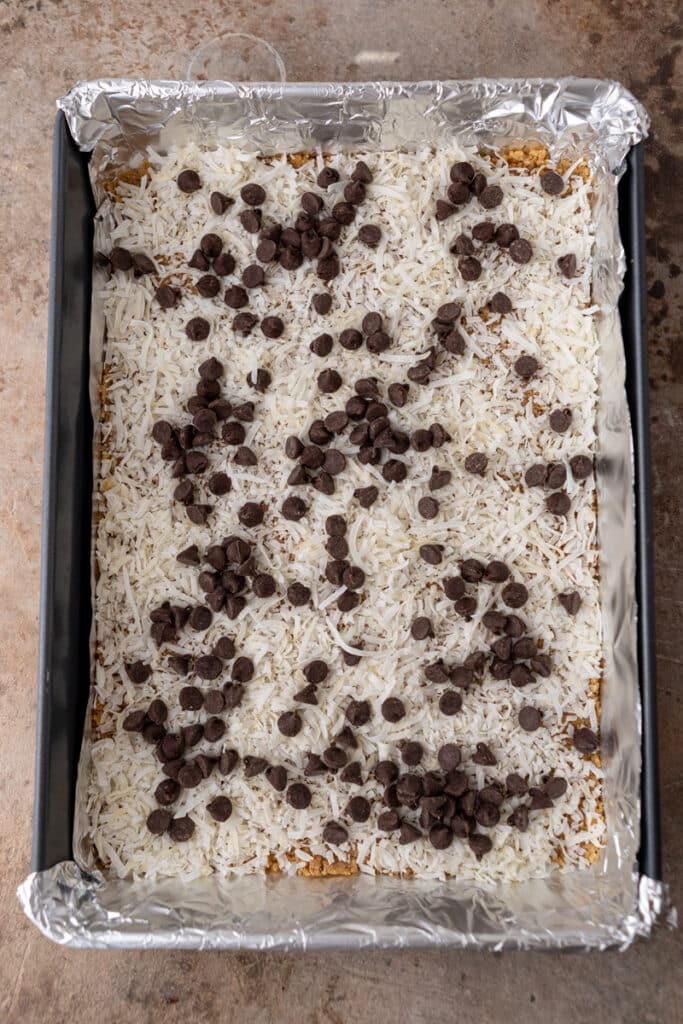 coconut flakes and chocolate chips on top of the graham cracker crust