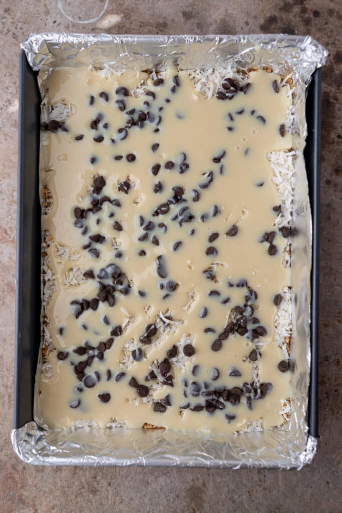 sweetened condensed milk on top of the other ingredients of christmas magic cookie bars