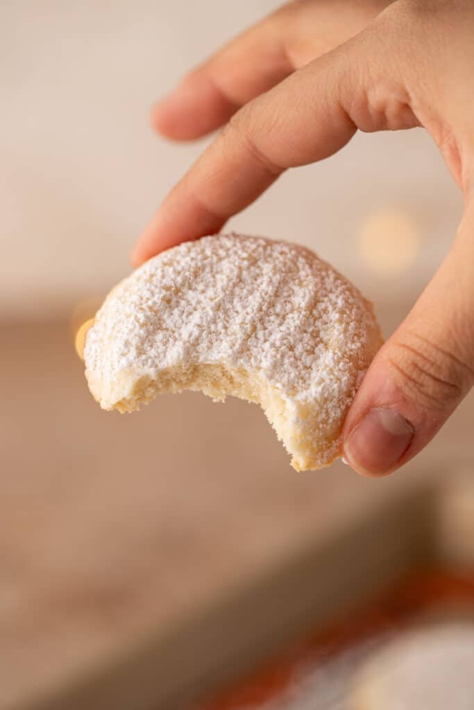 close up of a single cookie with a bite taken out being held up by a hand