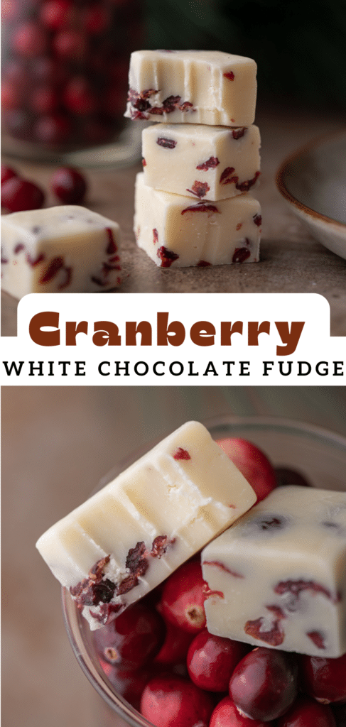 pinterest pin for white chocolate cranberry fudge recipe