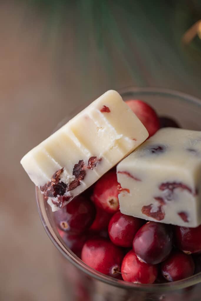 white chocolate cranberry fudge squares sitting on top of a bowl of cranberries