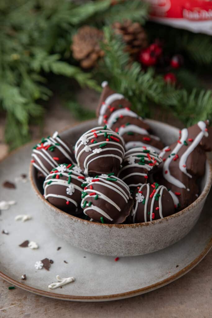 multiple Little Debbie Chocolate Christmas tree cakes truffles in a bowl