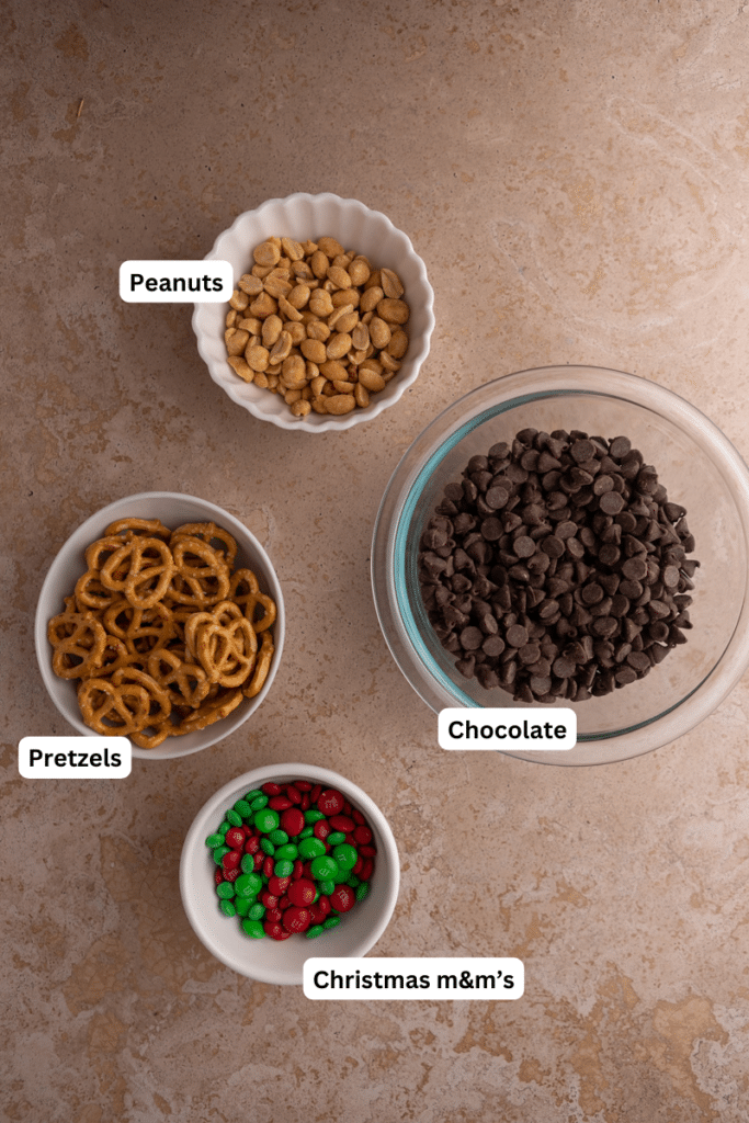 ingredients for the christmas pretzel peanut m&m's bark