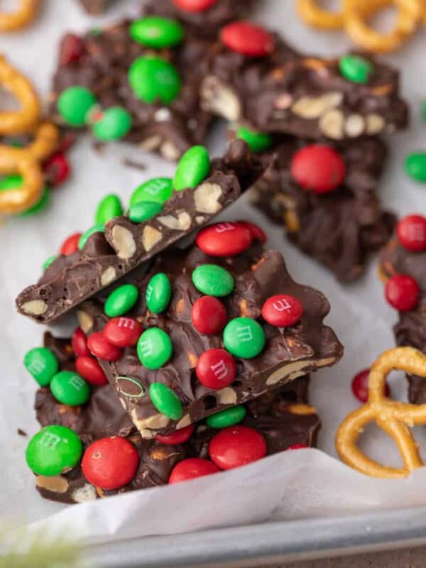 christmas pretzel peanut m&m's bark chopped up in squares