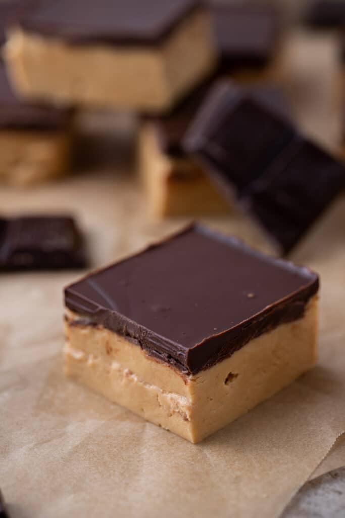 close up of a single square from the buckeye bars recipe