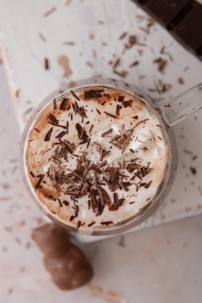 overhead shot of hot chocolate for one in a glass