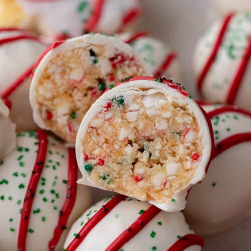 close up of the middle of the little debbie christmas tree cakes truffles split in half