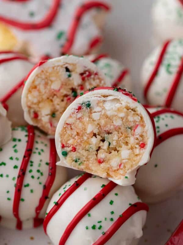 close up of the middle of the little debbie christmas tree cakes truffles split in half