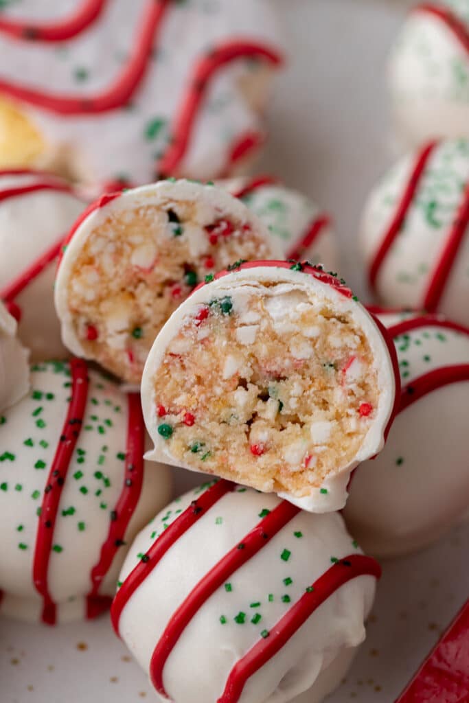close up of the middle of the little debbie christmas tree cakes truffles split in half