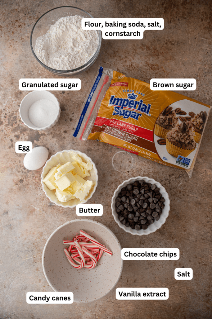 Ingredients for peppermint chocolate chip cookies