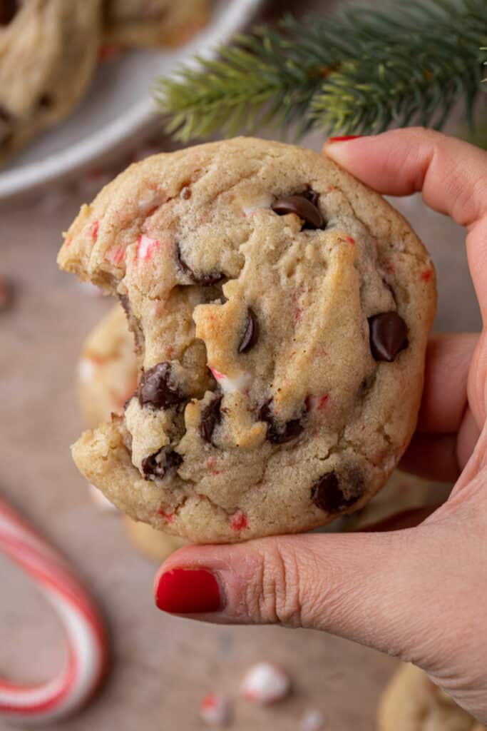 a hand holding up a peppermint chocolate chip cookie with a bite taken out