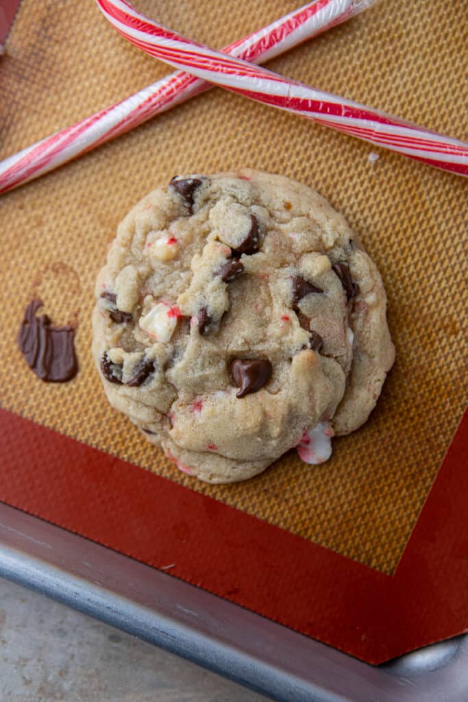 a fully baked cookie on a baking sheet