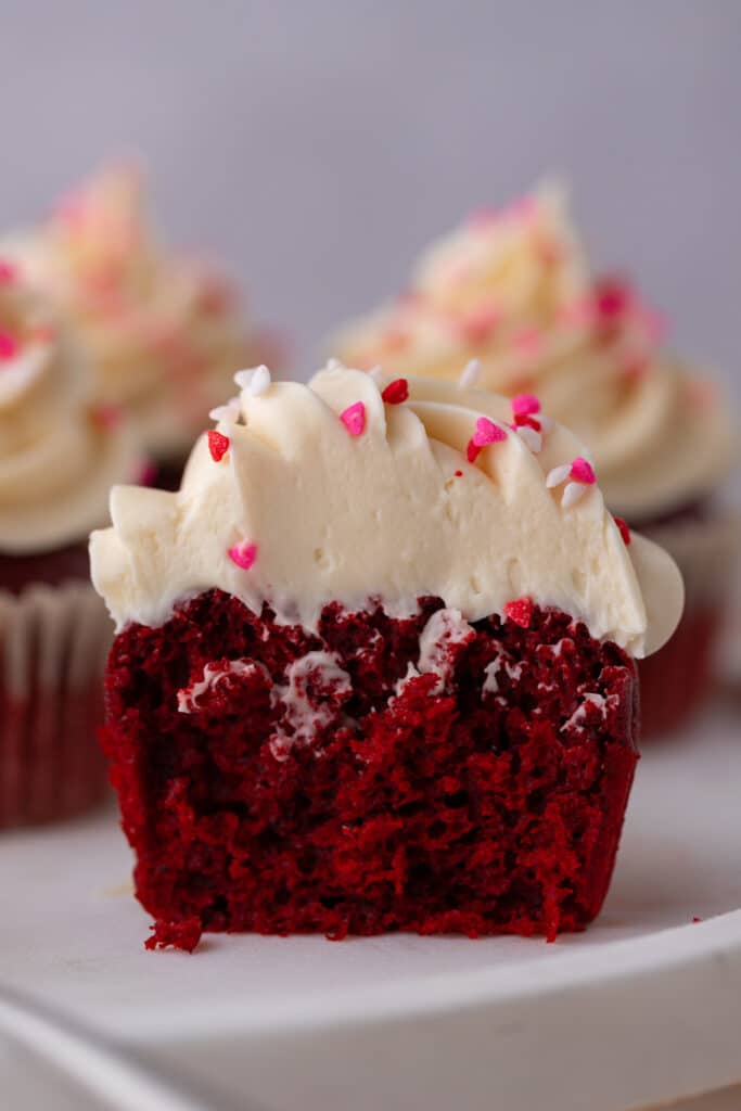 a small batch red velvet cupcakes split in half