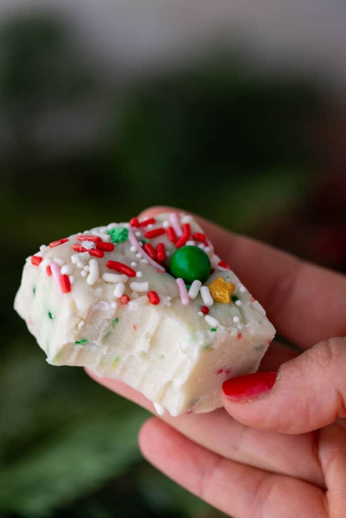 a sugar cookie fudge square with a bite taken out of it being held up by a hand