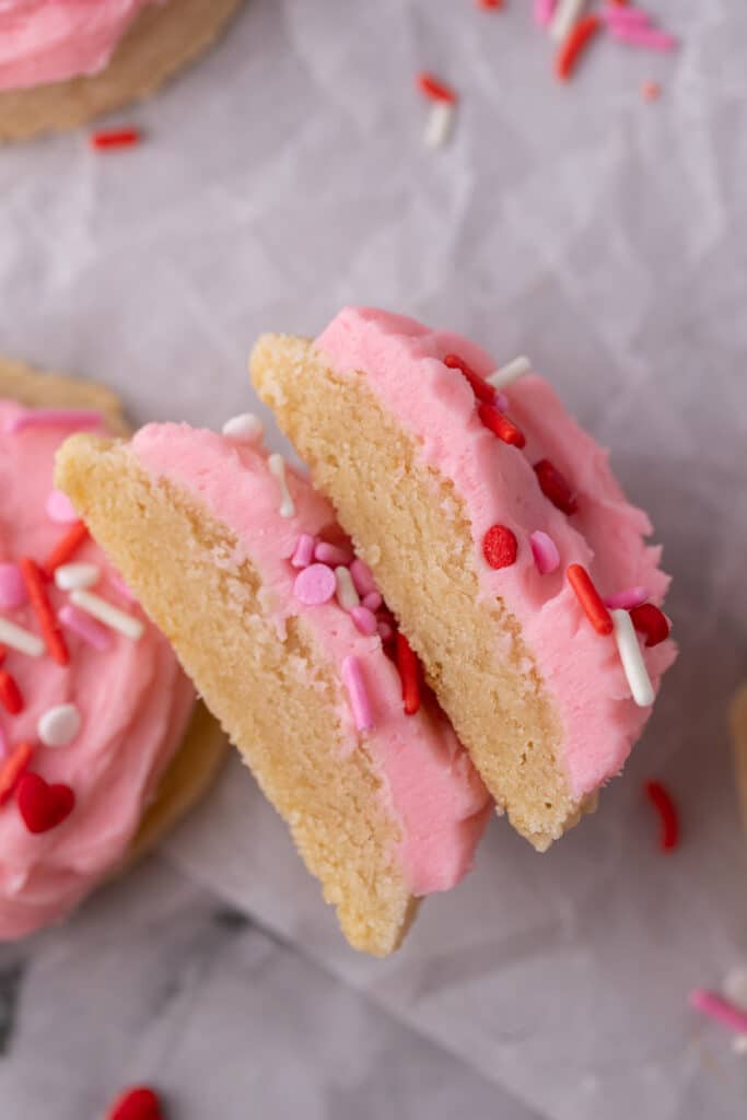 Valentine's Day frosted sugar cookie sliced in half