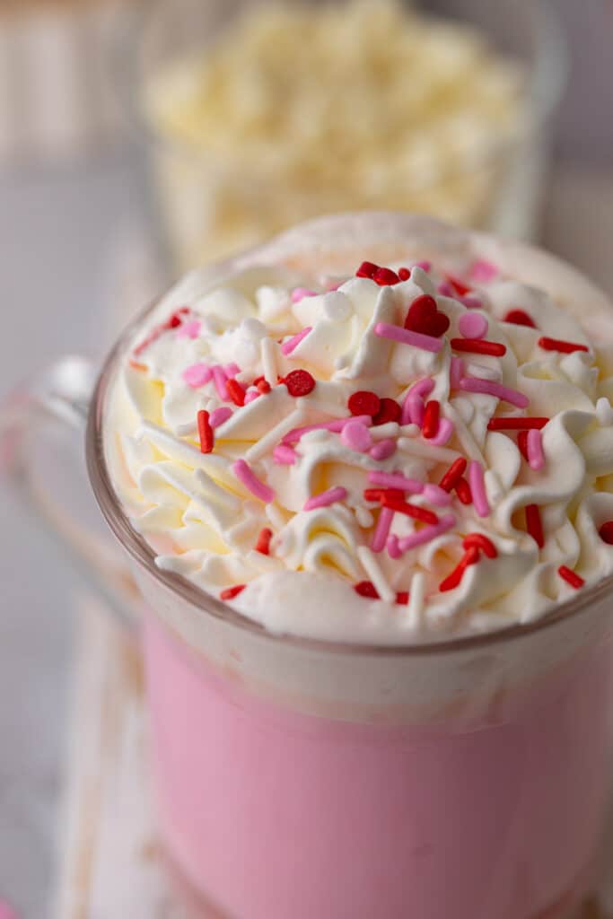 Close up of hot chocolate with Valentine's day sprinkles