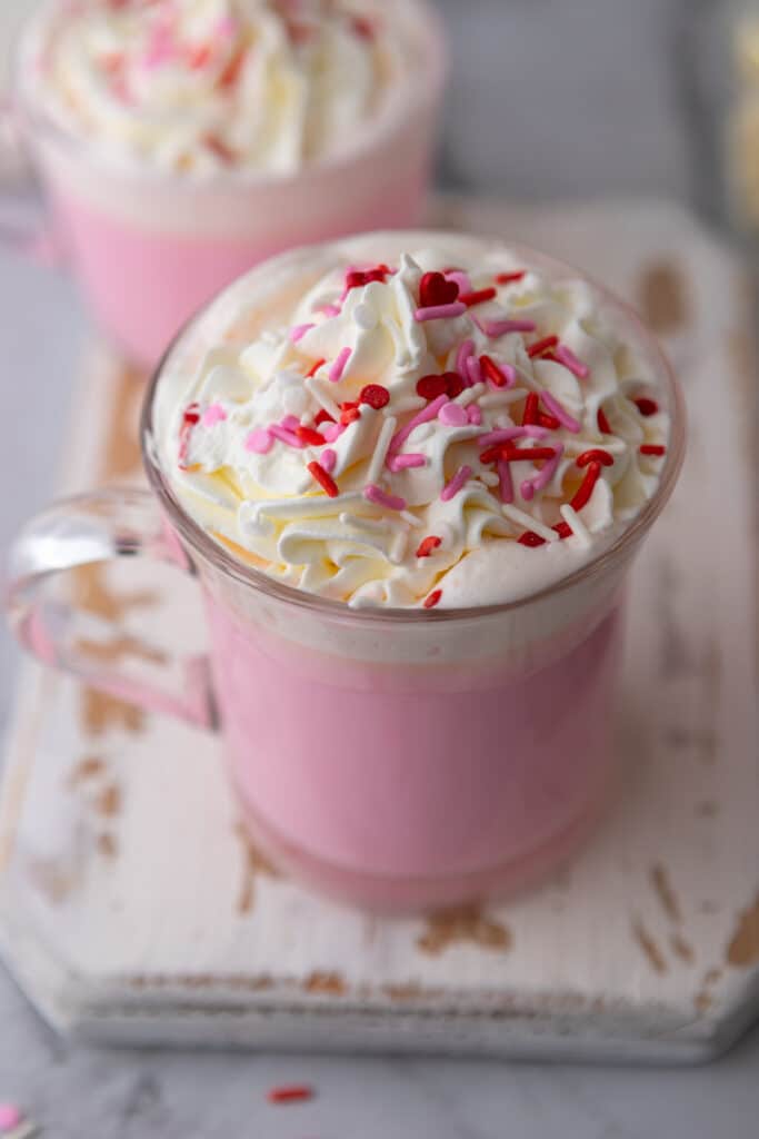 Side shot of pink hot chocolate