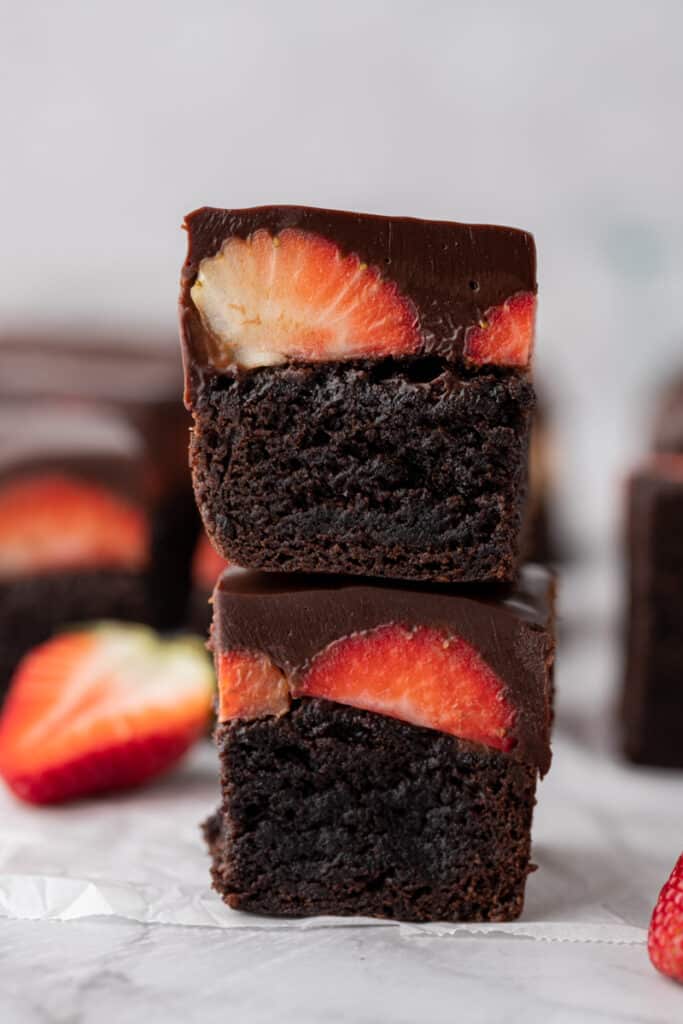 Stack of chocolate covered strawberry brownie recipe.