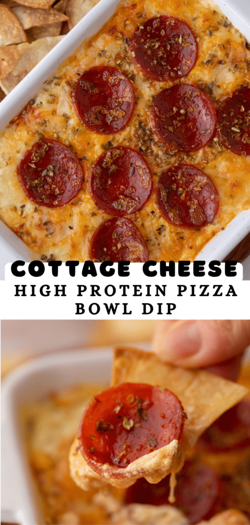 pinterest pin for the cottage cheese pizza bowl dip recipe