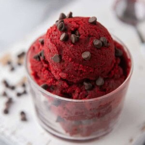 Edible red velvet cookie dough in a cup
