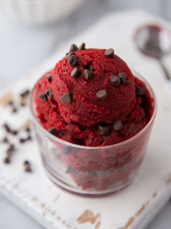 Edible red velvet cookie dough in a cup