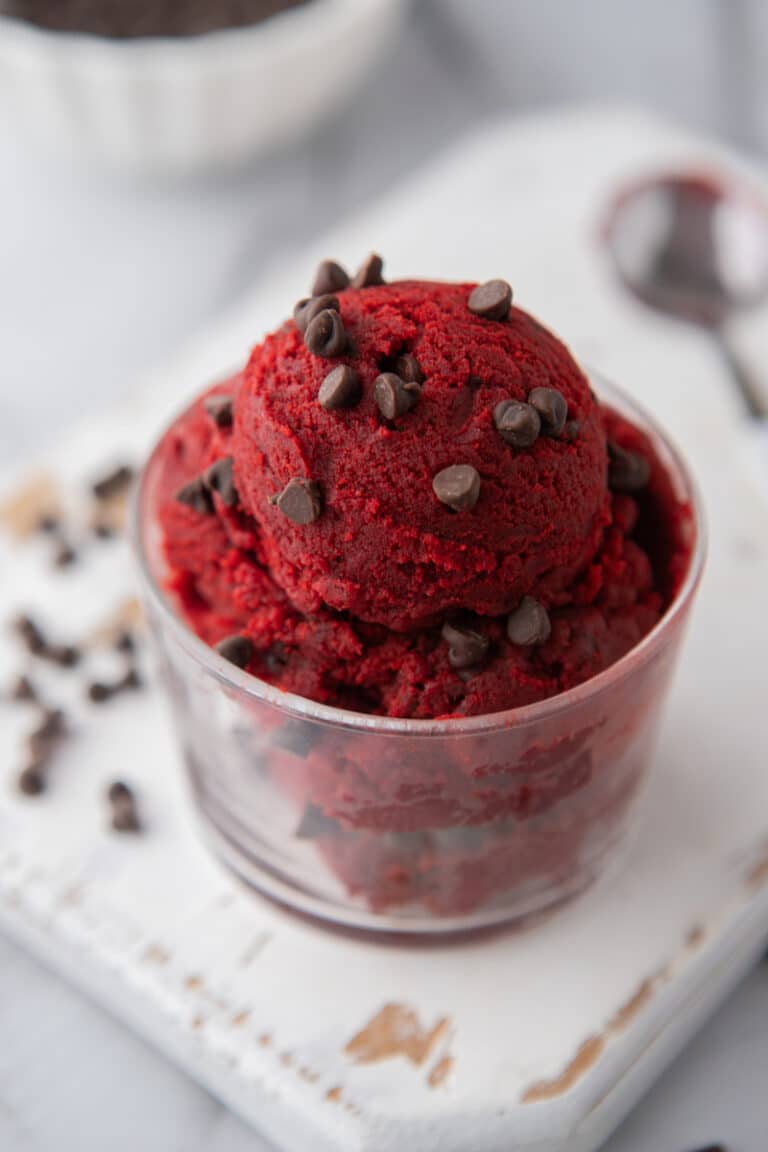 Edible red velvet cookie dough in a cup