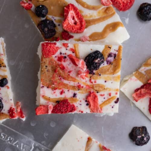 overhead shot of multiple frozen cottage cheese bark squares