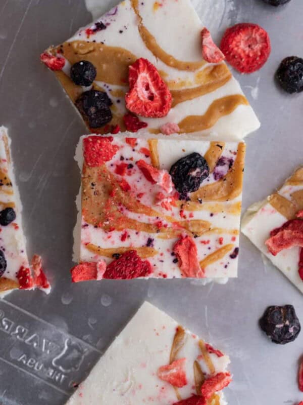 overhead shot of multiple frozen cottage cheese bark squares