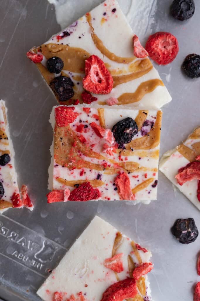 overhead shot of multiple frozen cottage cheese bark squares