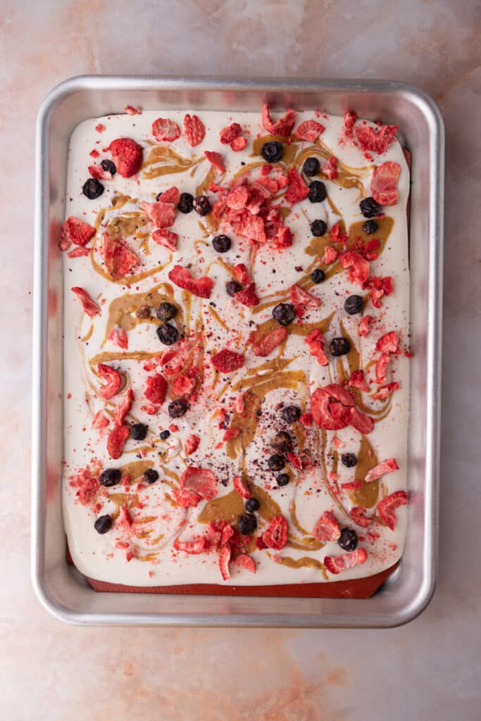 a finished frozen cottage cheese bark recipe on a pan