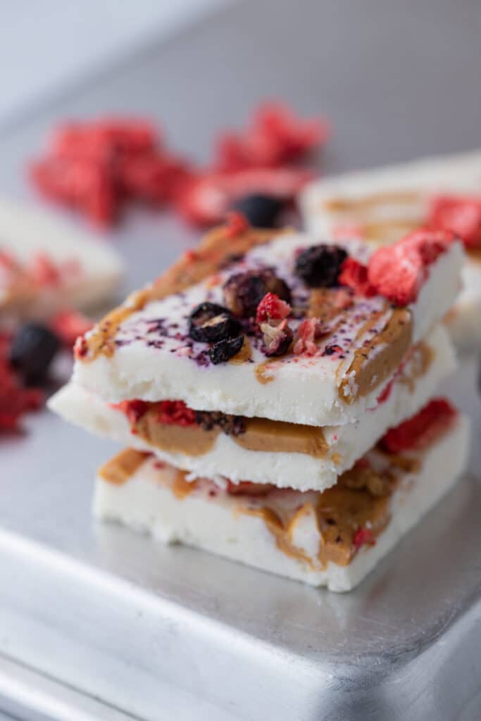 a few frozen cottage cheese bark squares stacked on top of each other