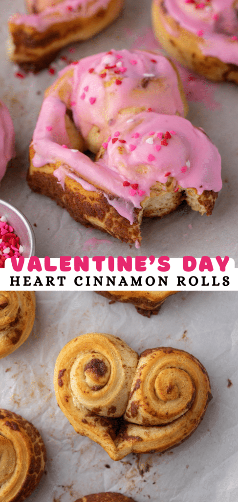 pinterest pin for valentine's day heart shaped cinnamon rolls