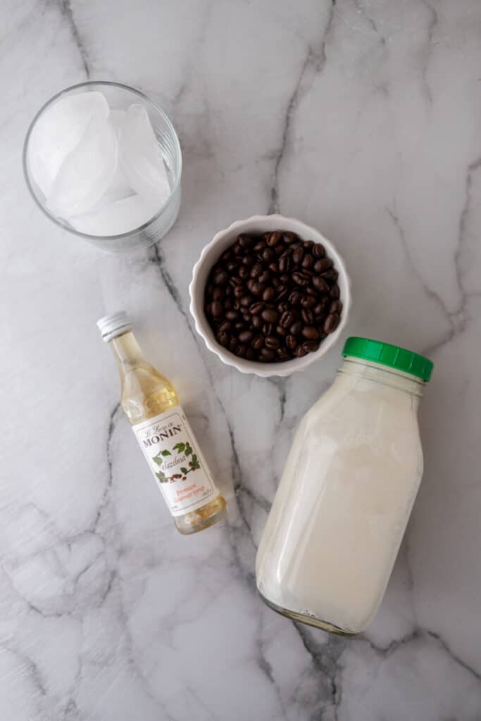 ingredients for the iced hazelnut oatmilk shaken espresso starbuck copycat recipe