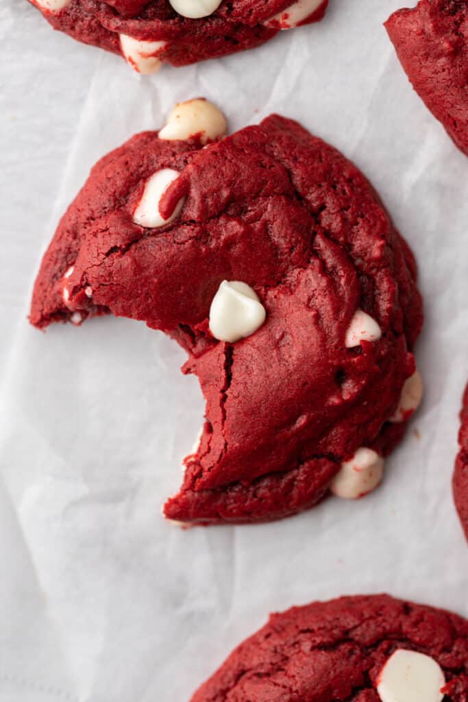 Cake mix red velvet cookie with a bite taken out of it