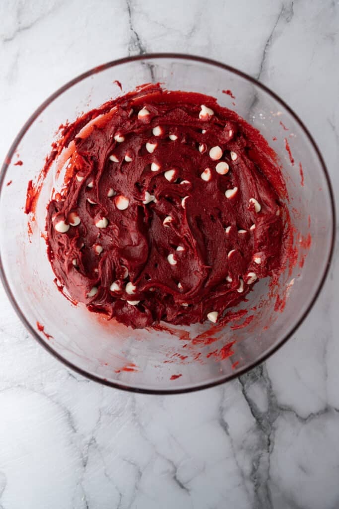 Red velvet Cookie dough in a bowl
