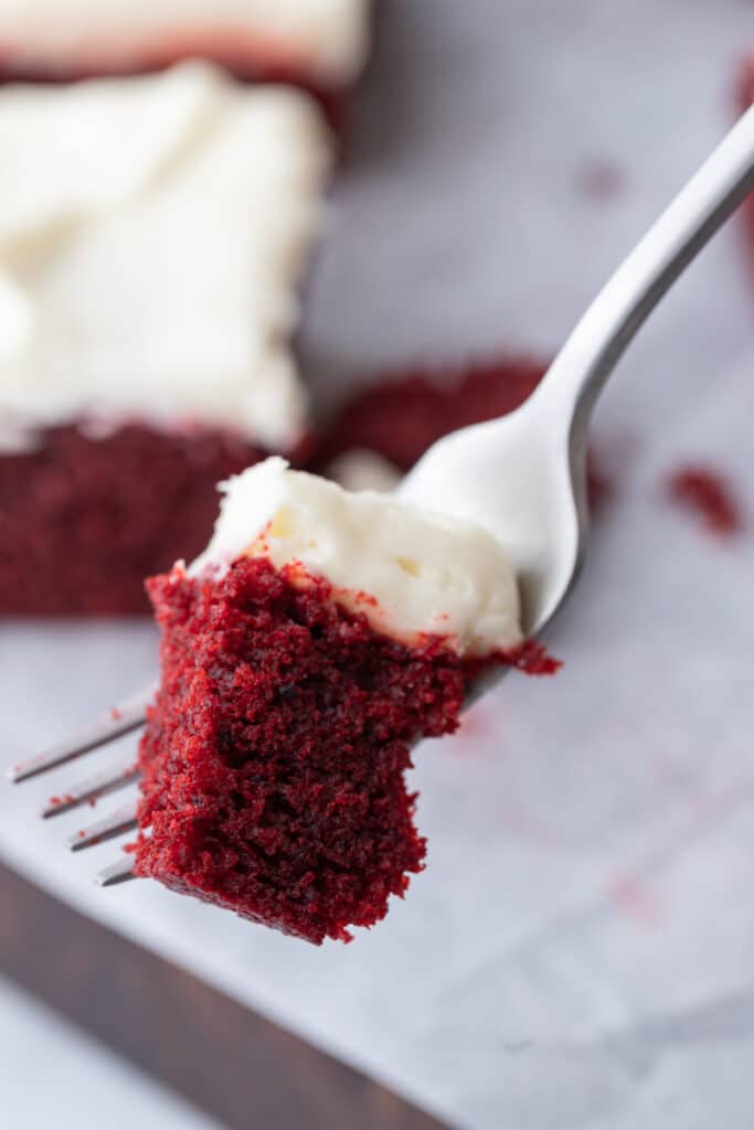 a bite of red velvet snack cake recipe on a fork