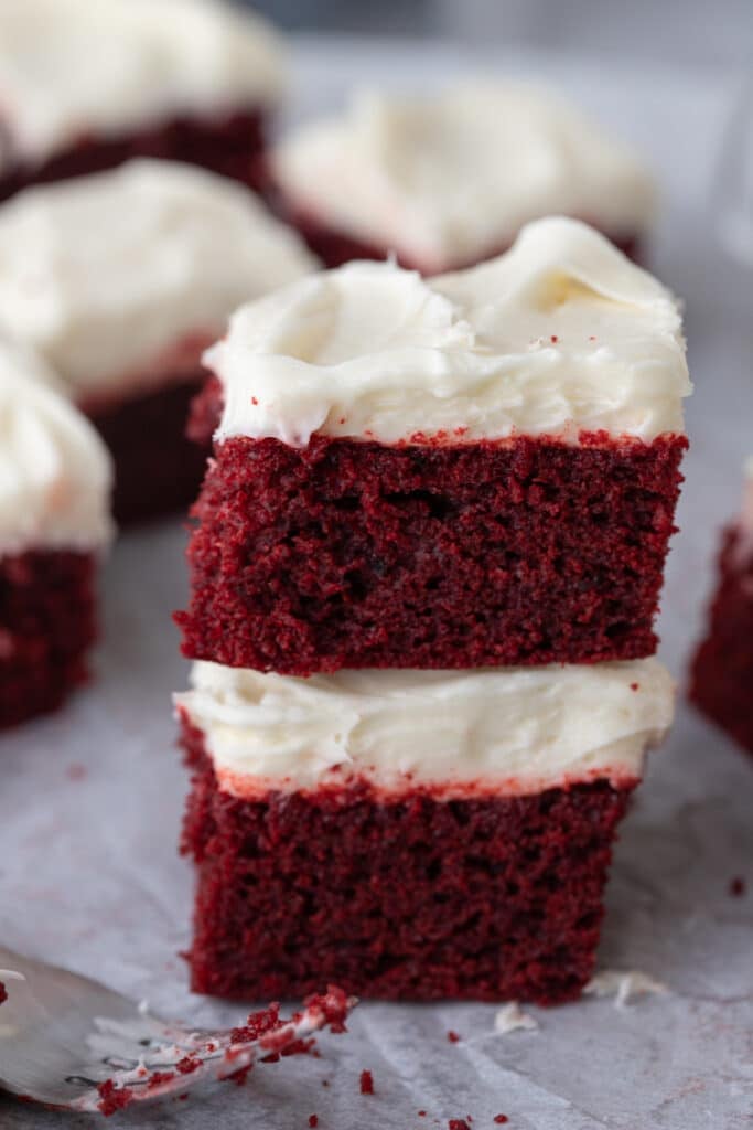 two red velvet snack cakes stacked on top of each other