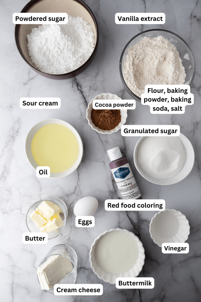 ingredients for the red velvet snack cake recipe