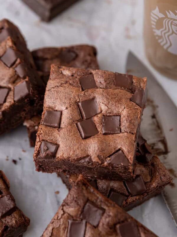 overhead shot of a stack of starbucks brownies recipe