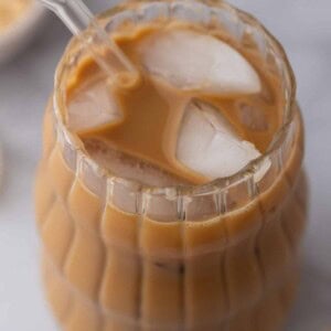 angled overhead shot of the brown sugar iced coffee recipe in a glass
